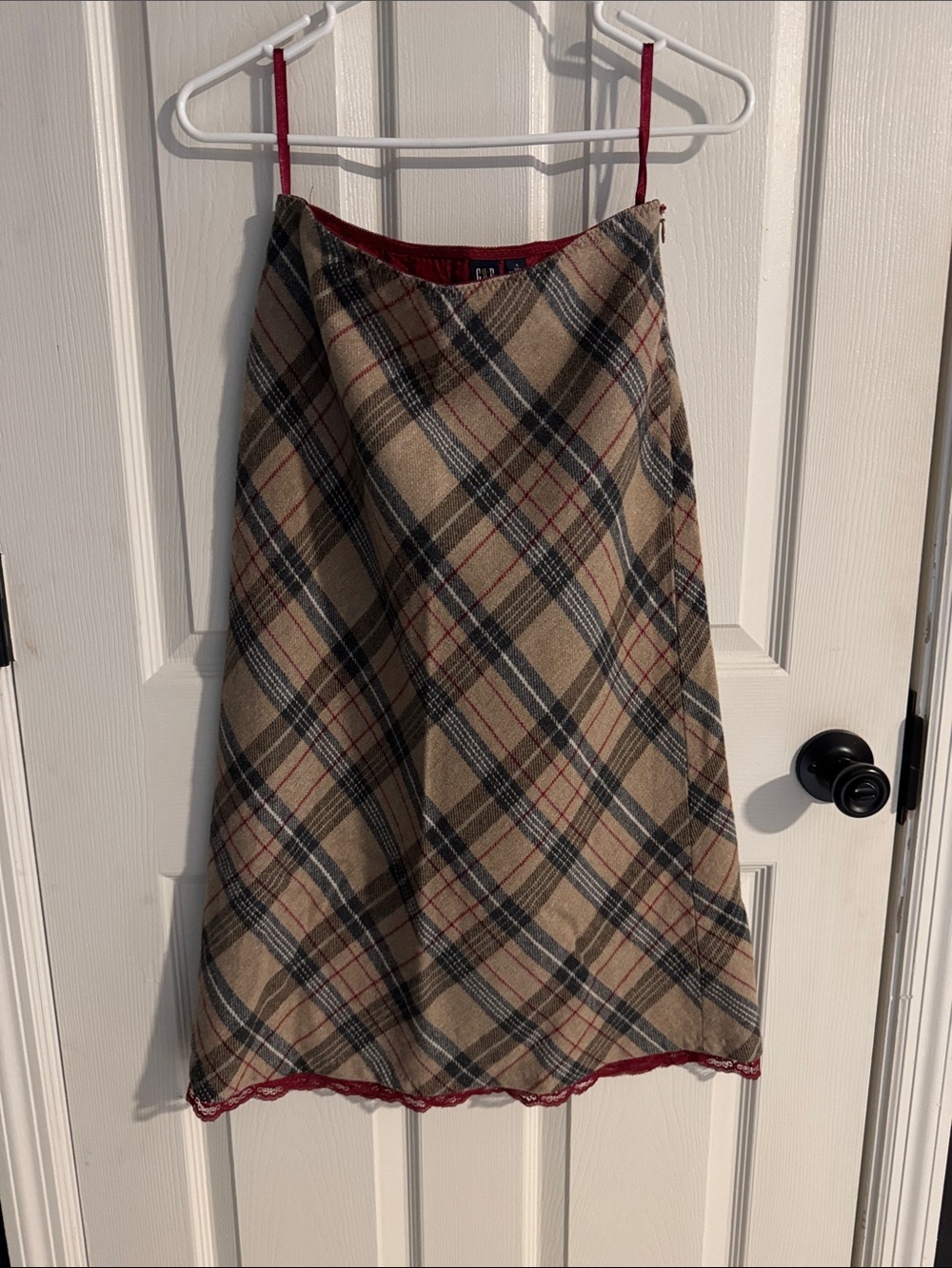 Lined Wool Plaid A-Line Midi Skirt in Beige with Red Trim